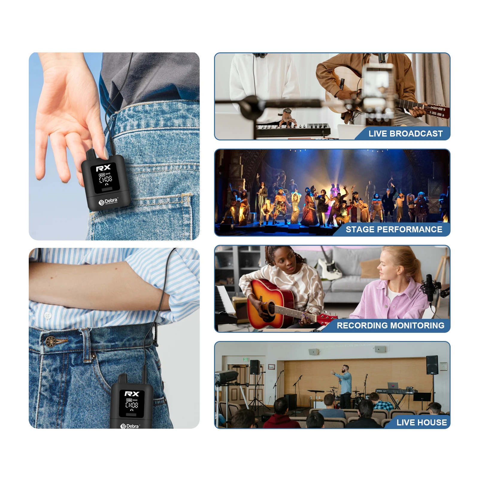نظام IEM اللاسلكي Debra ST-mini UHF الاحترافي، شاشة داخل الأذن قابلة لإعادة الشحن للموسيقيين، DJs والبث، كريستال واضح لذلك