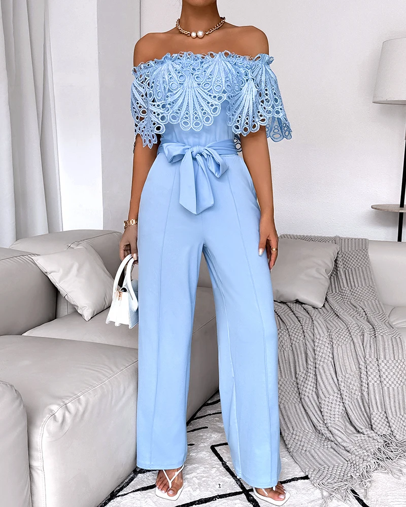 Eyelet Embroidery Off Shoulder Tied Detail Jumpsuit