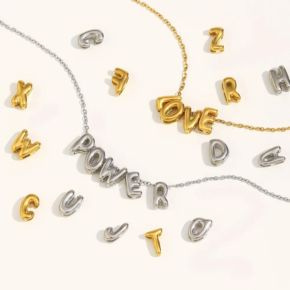 Vintage 3D Desain Gelembung Huruf Pesona DIY Kalung Gelang Perhiasan Membuat 26 Huruf Inggris Liontin Stainless Steel Warna Emas