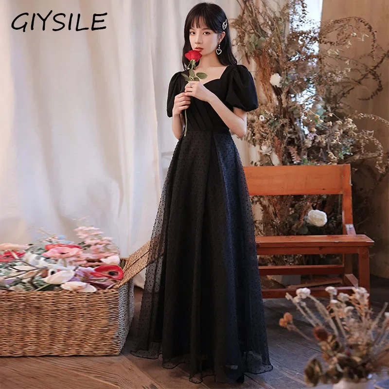 

GIYSILE Black Evening Dress Trendy Niche Mesh Birthday Formal Dress Square Neck Bubble Short Sleeves Vestidos De Fiesta Dresses