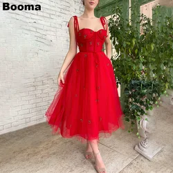 Booma Red Tulle Midi Prom Dresses Cherry Sweetheart Spaghetti Straps A-Line Prom Gowns Zipper Tea-Length Evening Party Dresses