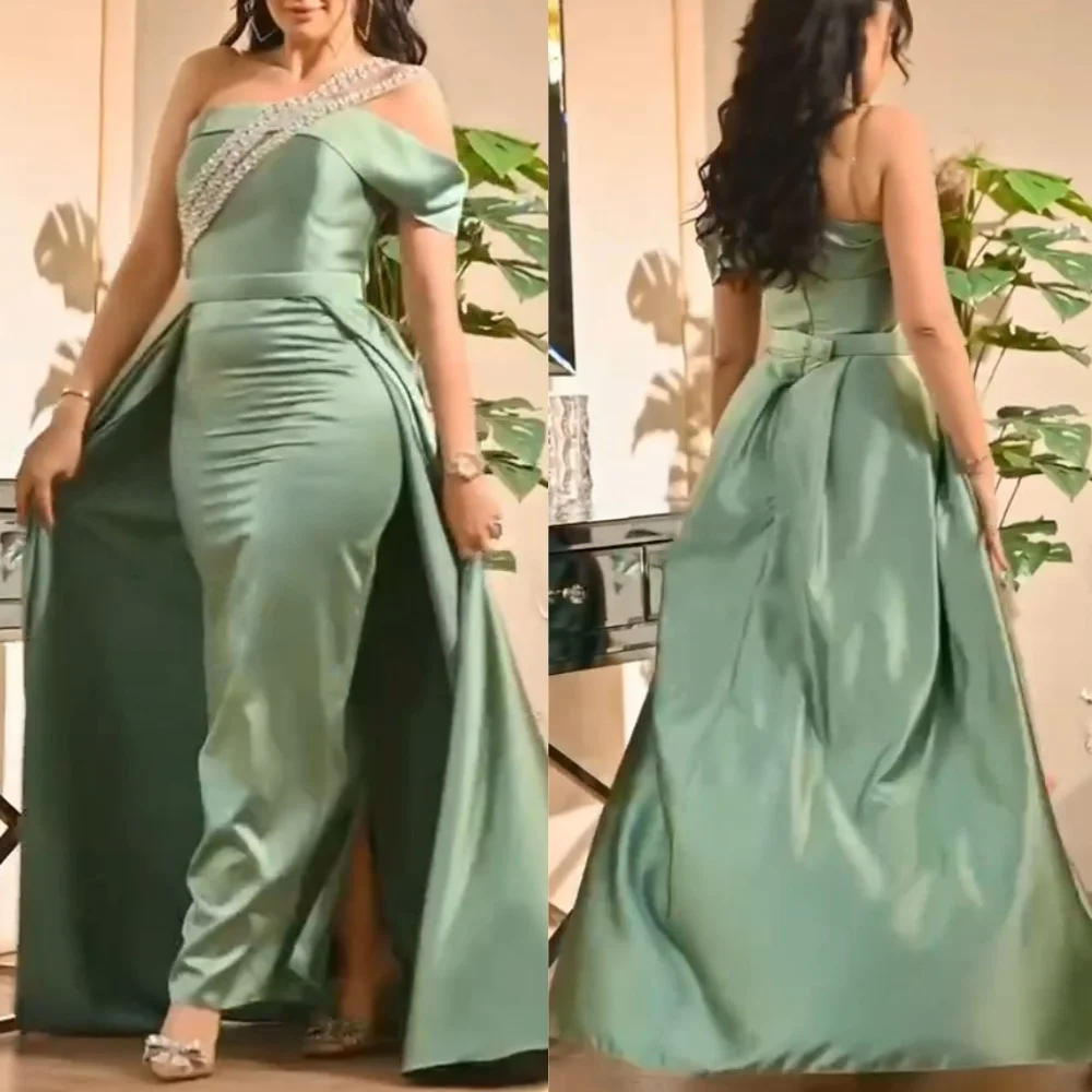 

Customized Sexy Casual Satin Rhinestone Pleat Evening A-line One-shoulder Bespoke Occasion Gown Long Dresses