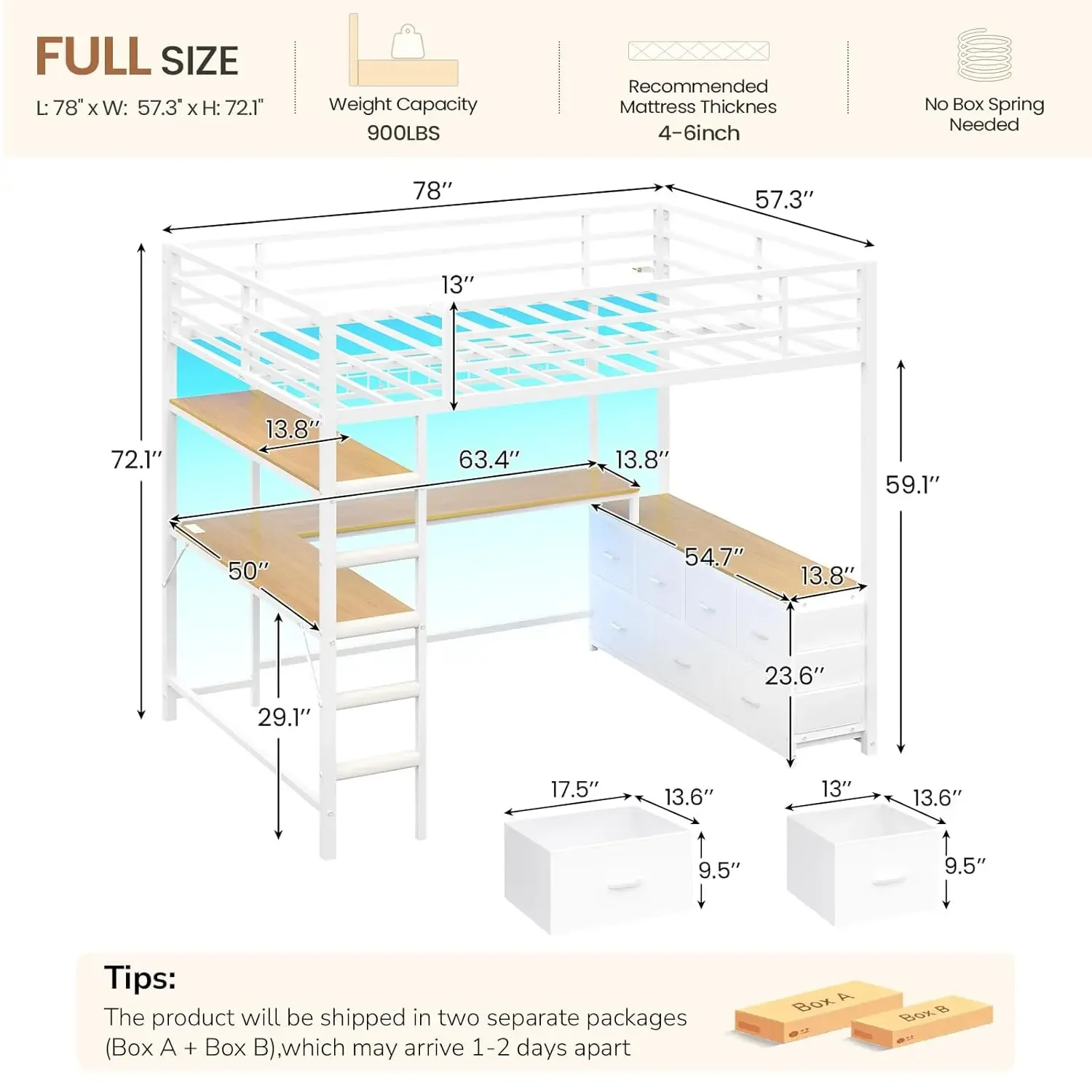 Full Size Loft Bed with U-Shaped Desk 7 Drawers Charging Station LED Lights 2-Tier Shelves Guardrail Ladders White, Custom