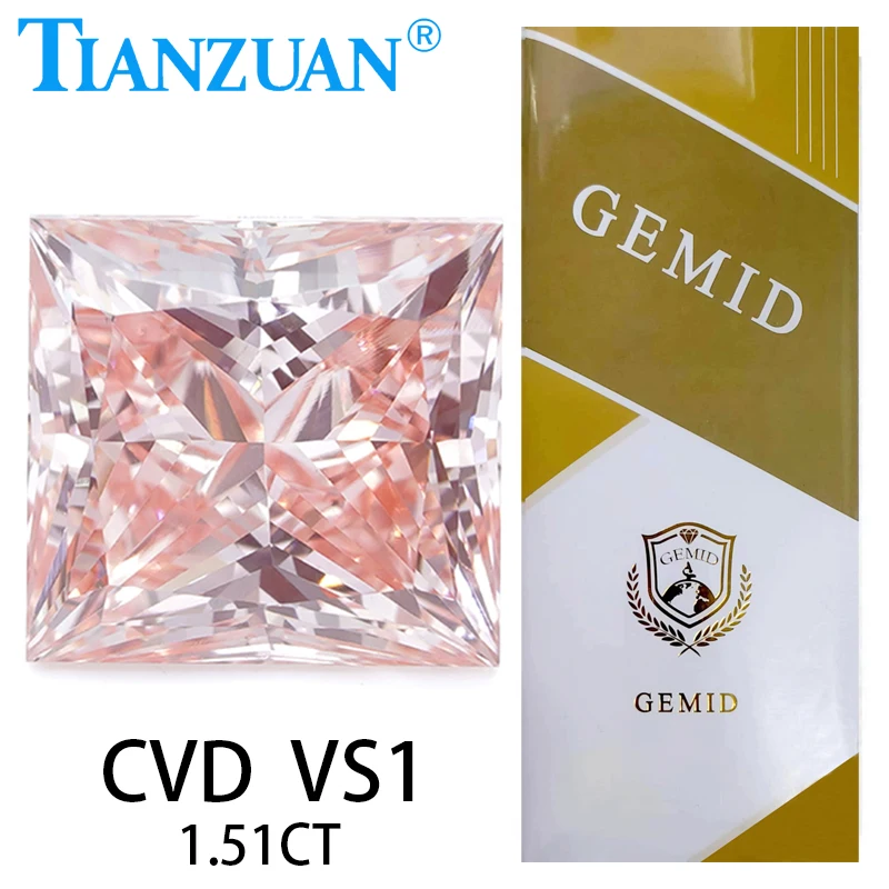 1.51CT VS1 Lab Grown Diamond CVD Square Shape 2EX Fancy Vivid Pink Color Loose Gemstone Bead with GEMID Certified