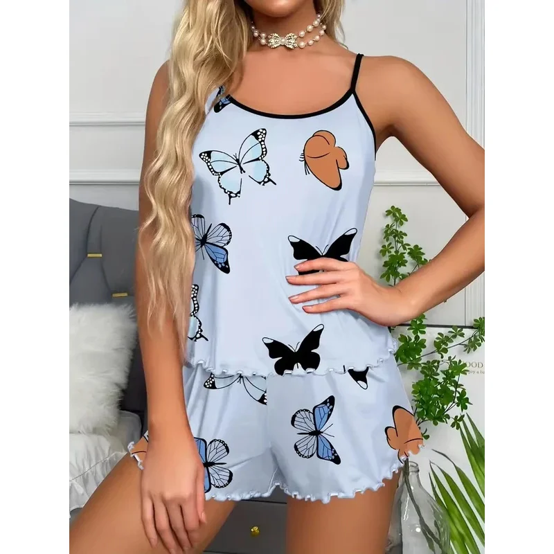 Butterfly Print Pajama Set Lettuce Trim Cami Top Elastic Waistband Shorts Women Sleepwear Loungewear