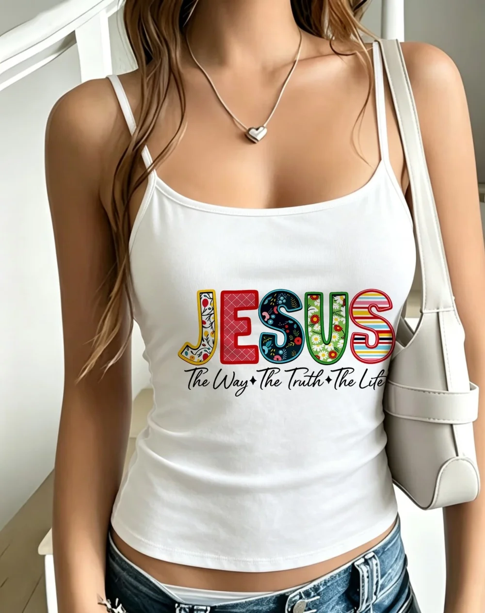 Women Vintage Y2K Floral JESUS Faith Letter Slogan Spaghetti Strap Sleeveless Slim Urban Street Spring Summer Cami Tank Top