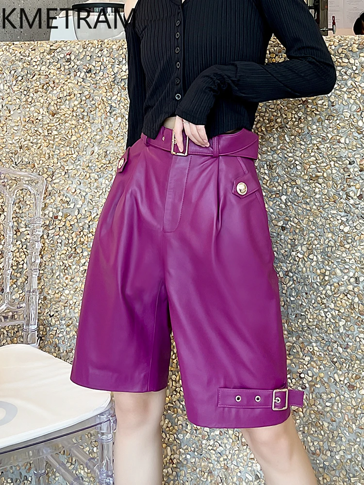 KMETRAM 100% Top Layer of Sheepskin Women Pants Autumn 2025 Genuine Leather High Quality Knee-length Shorts Woman Clothing штаны