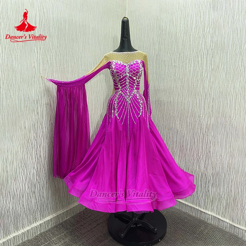 Skin Color Mesh Stitching Social Dance Long Sleeves Dresses Customize Dancer's Vitality Adult Tango Waltz Foxtrot Perform Attire