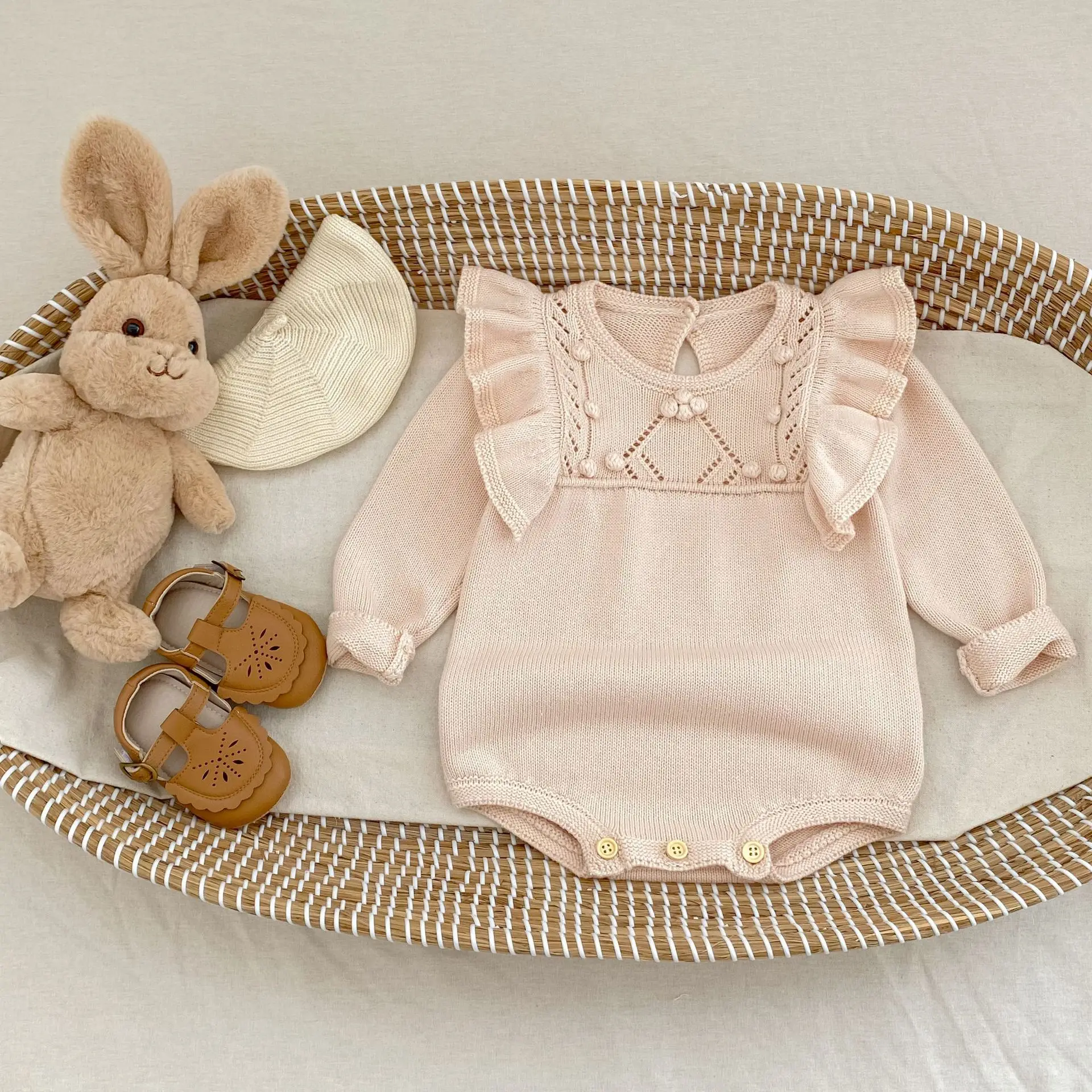 

2025 Autumn New Baby Long Sleeve Knitted Bodysuit Infant Girl Cute Lace Solid Versatile Jumpsuit Newborn Toddler Clothes 0-24M