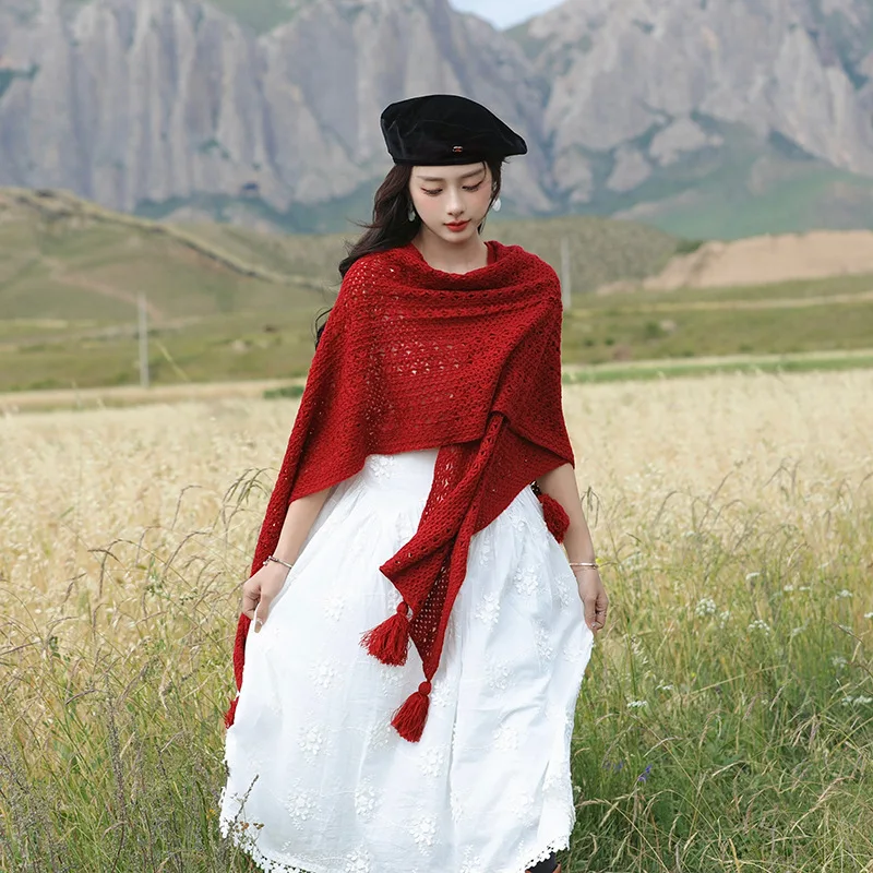 

Cape Vintage Ethnic Vacation Style Knitted Tassel Scarf Cardigan Women's Cloak Thin Style Small Shawl Tassel Outer Lace poncho A