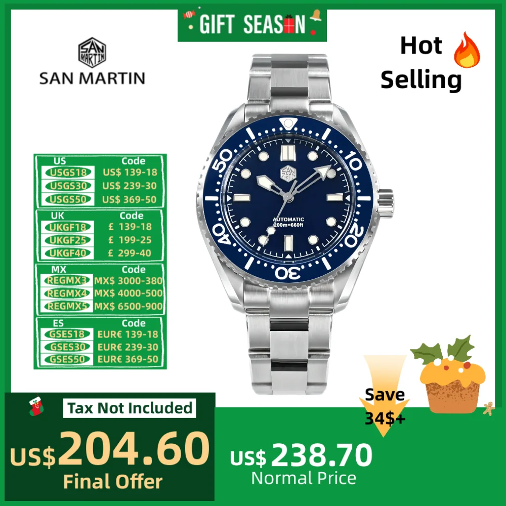 Relojes de pulsera mecánicos San Martin, relojes automáticos para hombre, pulsera deportiva Miyota 8215 41,5mm 20ATM, reloj luminoso para hombre