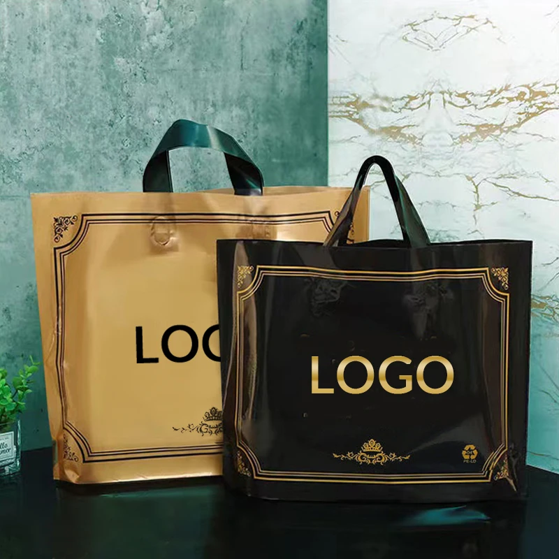 100Pcs/lot Black&Gold Thicken Shopping Bag Gifts Bags Customized Packaging Bags For Business Wedding Christmas Party Decor Favor