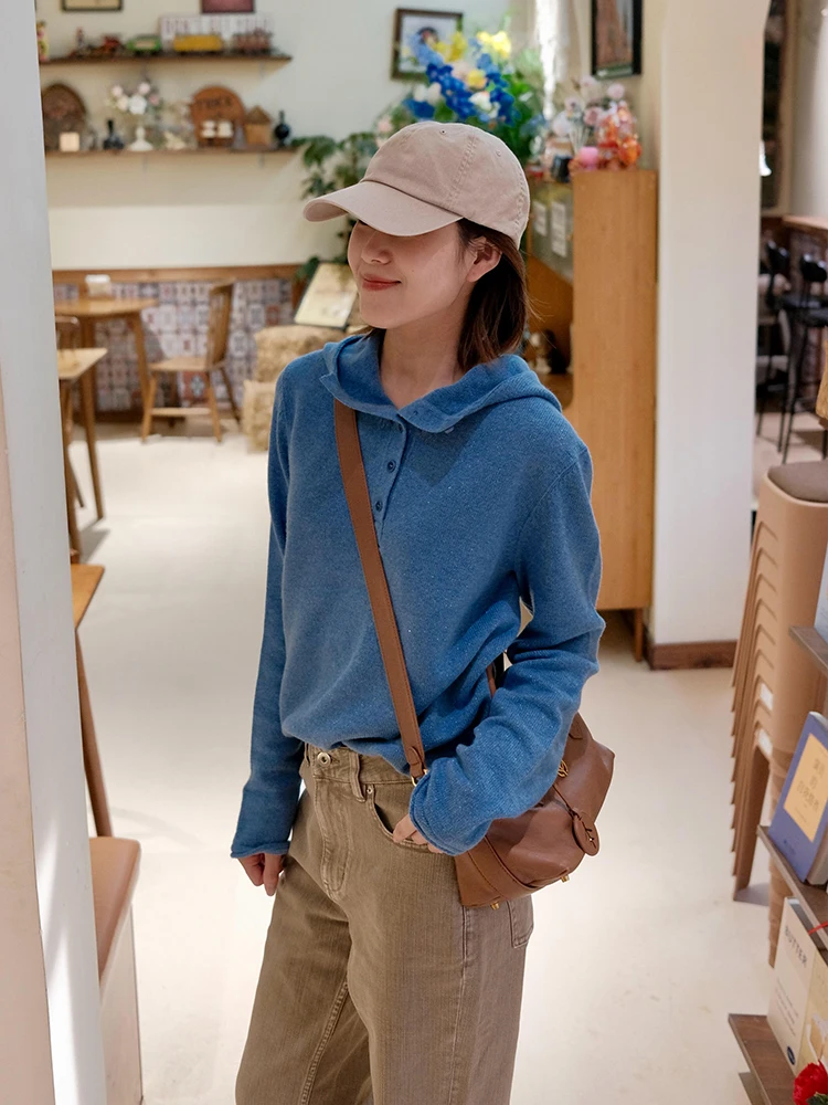 

Korean Sle Long Sve Knitted Sweater Women's Loose Fit Hooded f Open Collar Casual Slimming Anti-Aging Autumn Winter