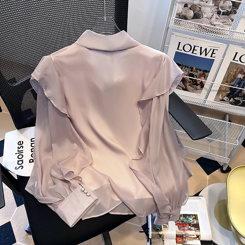 Blusa Feminina French Bow Tied Long Sleeved Chiffon Shirt Ruffled Edges Blouse Spring Summer Tops Camisas De Mujer Shirts