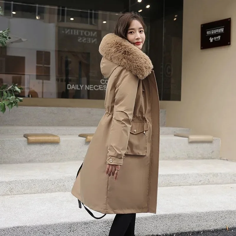 2024 New Winter Jackets Women Long Solid Puffer Jacket Wool Liner Long Female Parkas Hooded With Fur Collar Thick Coat Outwear