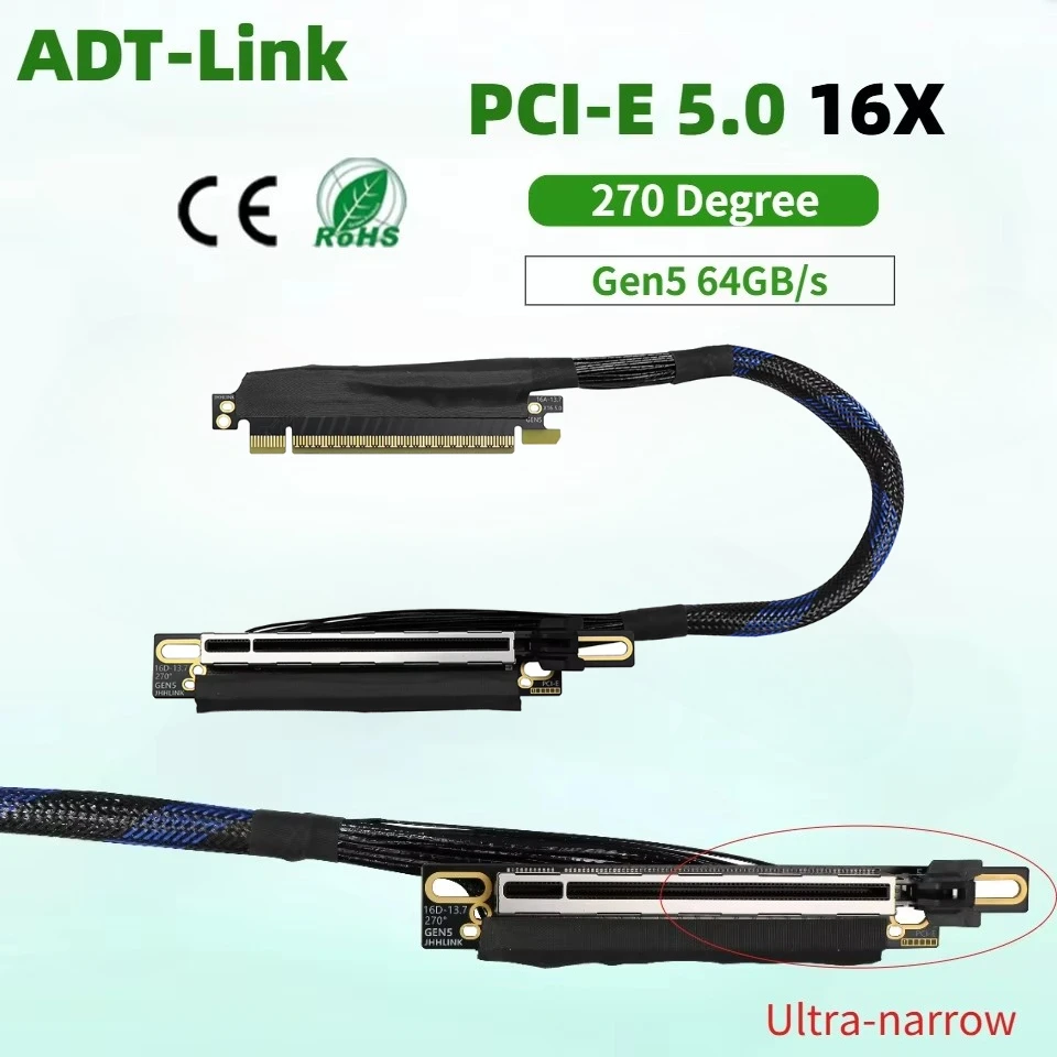 16AD5Z Upgrade PCI-E 5.0 X16 Graphics Card Riser Cable GEN5 Braided Mesh Silver-plated Cable GPU Server Adapter Cable 270 Degree