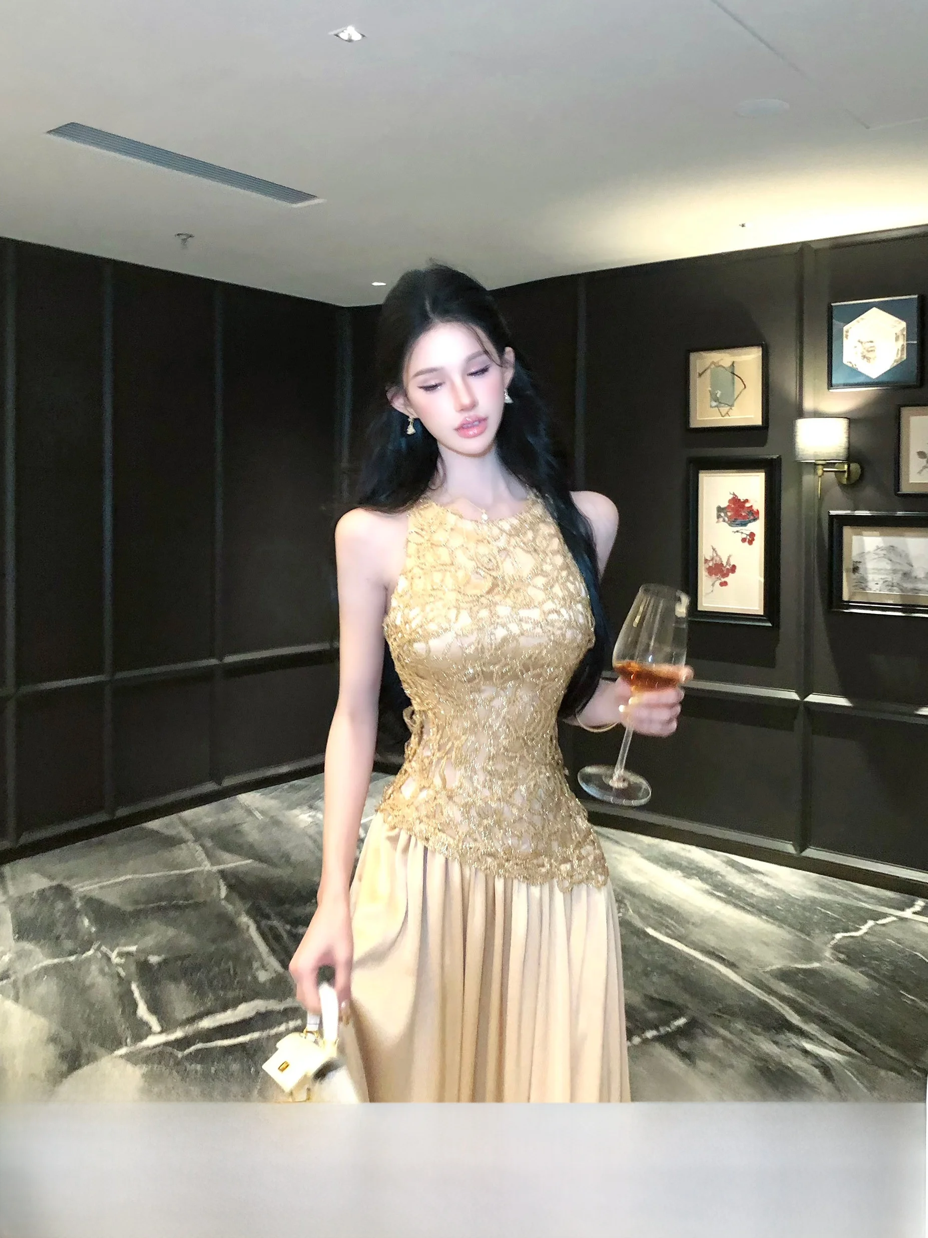 

Spring New Arrival Women's Lace Splice Ne Hanging Dr Svel Long Dr Sexy A-Line Skirt Sle Soft Fabric No Elastic