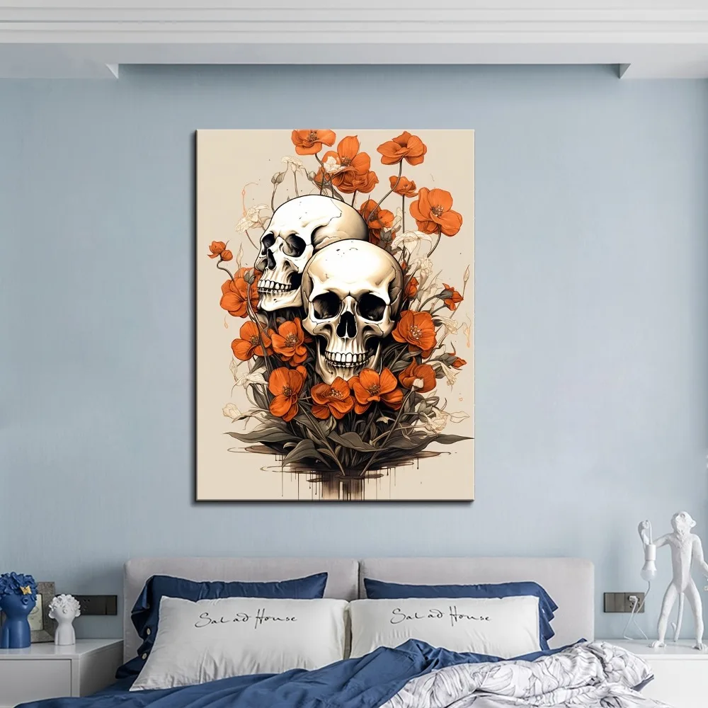 Marco de madera maciza de 1,5 pulgadas, enredaderas y flores de calaveras aterradoras, perfecto para dormitorio, decoración del hogar