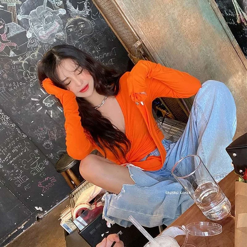 

Летняя оранжевая футболка V-Ne Long Sve, женский повседневный кардиган, удобный дышащий модный весенний топ