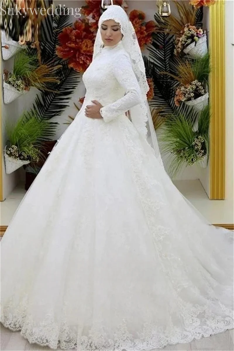 Muslim Wedding Dresses Long Sleeves Chiffon Applique Lace Islamic Bridal Gowns High Neck Arabic Bride Gowns amanda novias