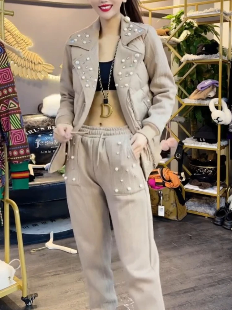 Pants Sets Women 2022 Winter New Heavy Industry Rhinestone Lapel Cotton Coat Jacket Fleece-Lined Feet Pants Leisure Sports Suit