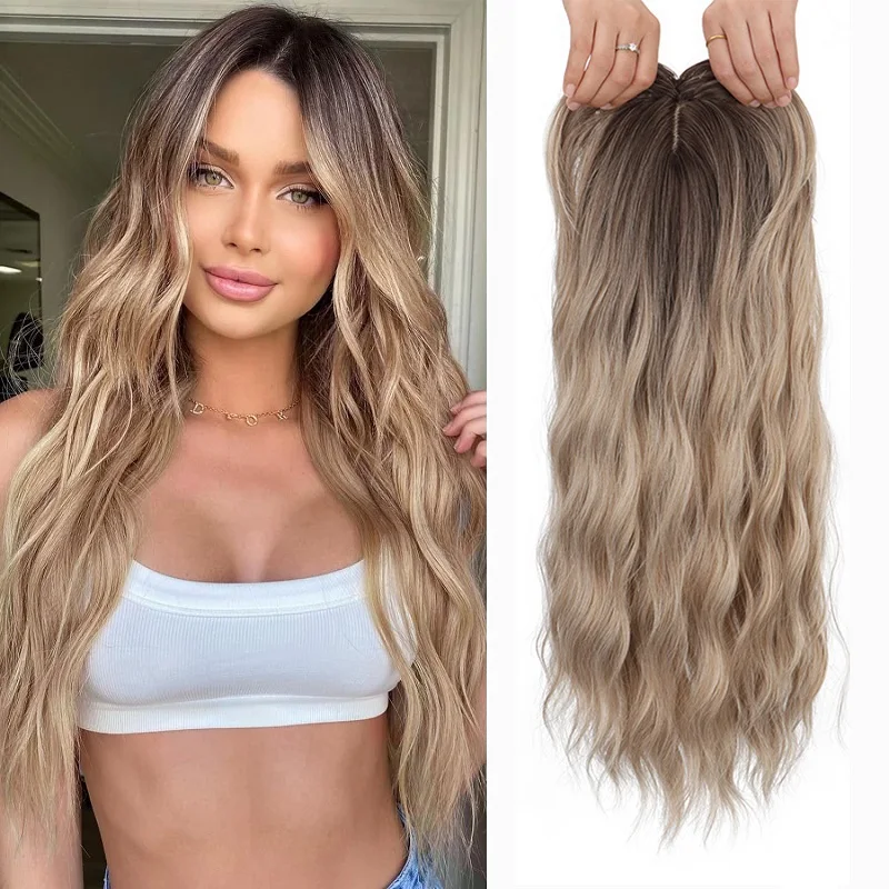 

22-дюймовые синтетические топперы для волос для женщин с истонченными волосами, длинные вьющиеся волосы, черные светлые волосы на заколке для наращивания волос