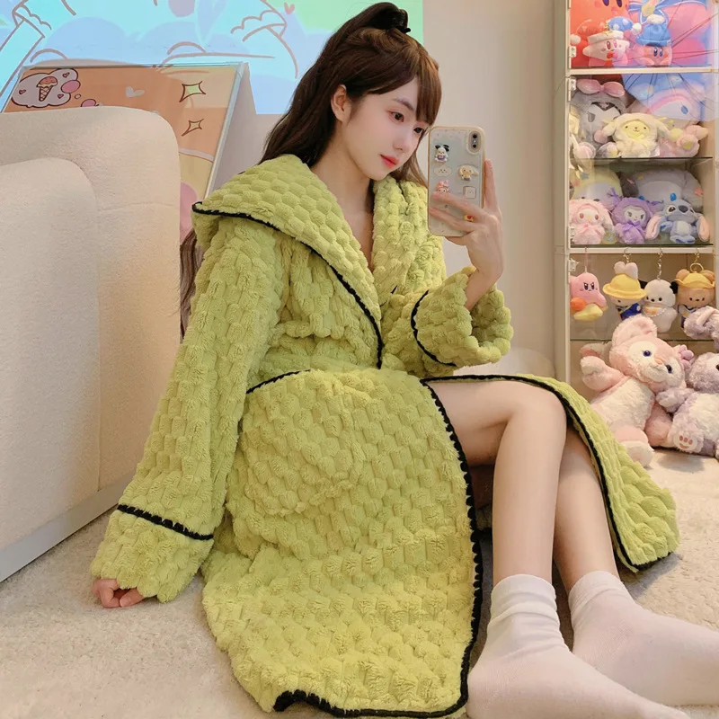 Thickened Flannel Robe Women Autumn Winter Warm Nightwear Loose Casual Home Wear Sexy Coral Fleece Bathrobe Long Nightgown