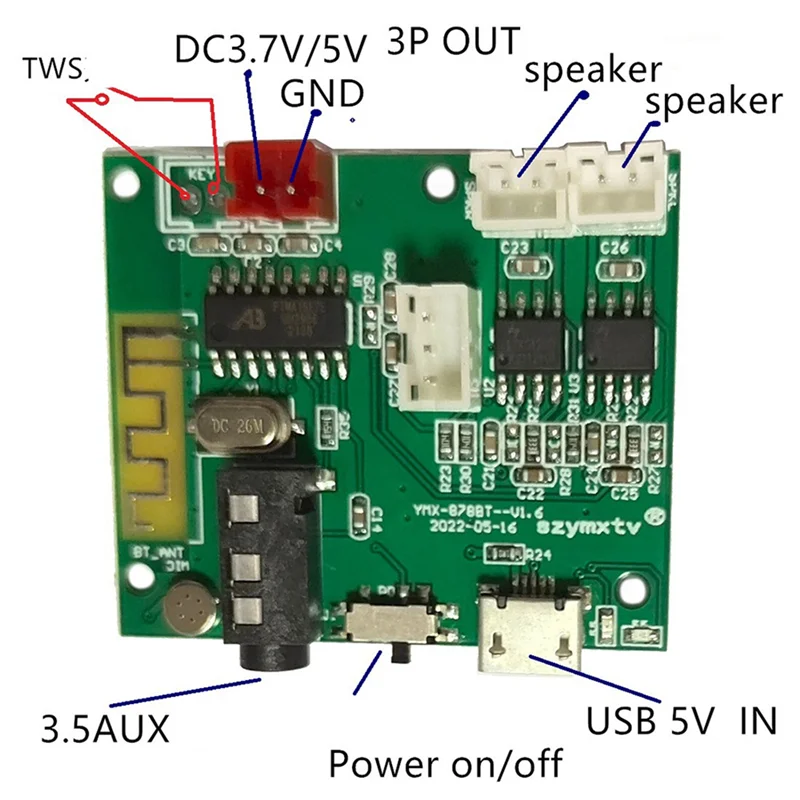 New Product Multifunction 5.2 BT Module 5V 5W+5Wtws Power Amplifier Board 3.5Aux Wireless PCBA Board