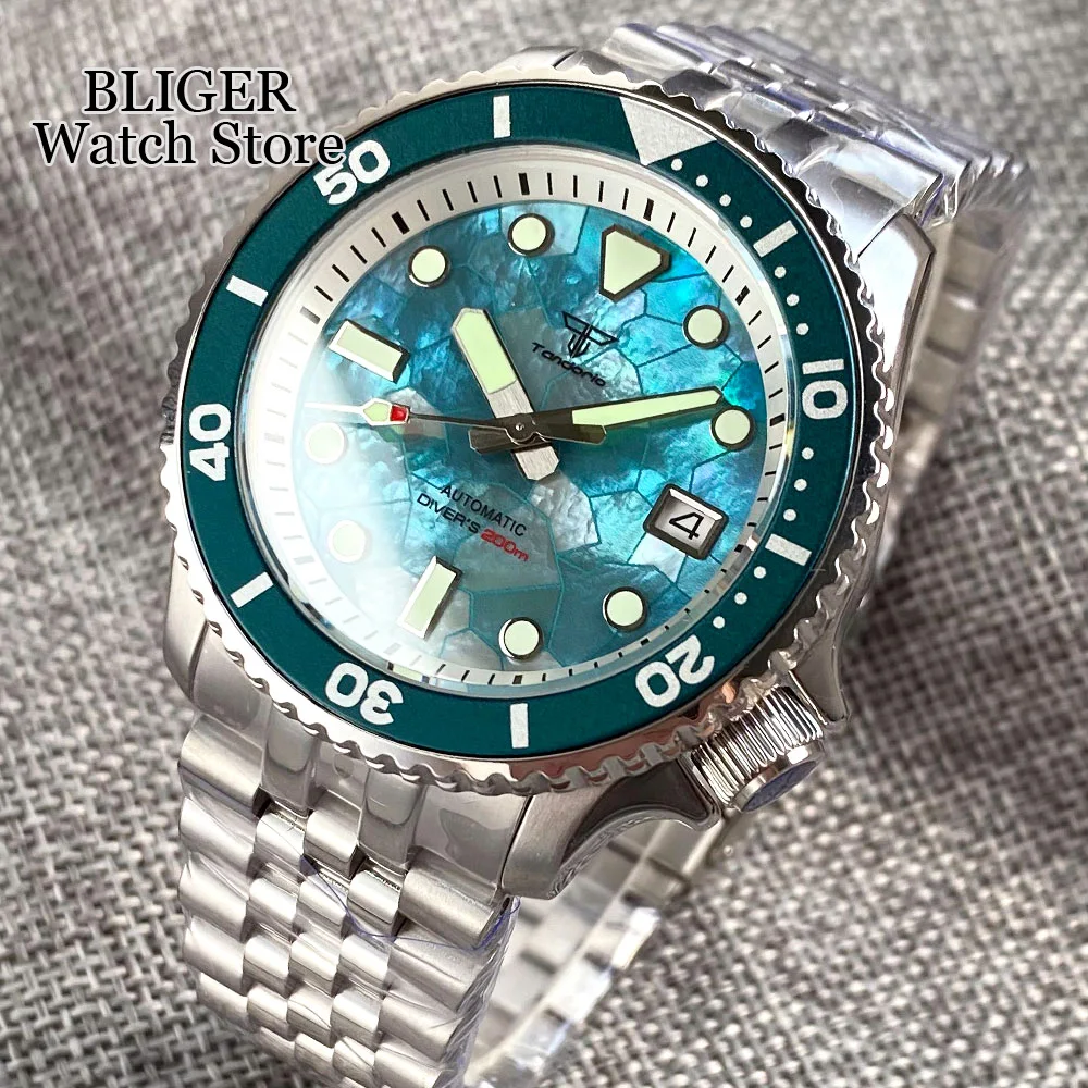 Tandorio Red Gloss Shell Dial 41mm NH35 200M Waterproof Automatic Diving Watch Men 120 Click Bezel Sapphire Glass Clock Montres