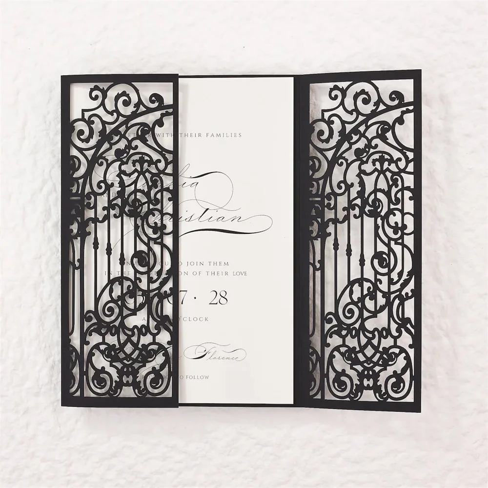 

Flower Laser Cut Invitations Black Announcement Cards Customised Printing 50 Sets