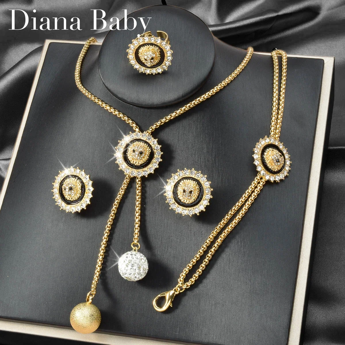 

Fine Jewelry Sets Dubai Bohemia Zircon 14k Gold Plated Bracelet Shiny Ring Necklace Earring Wedding Bride Women Wedding Party