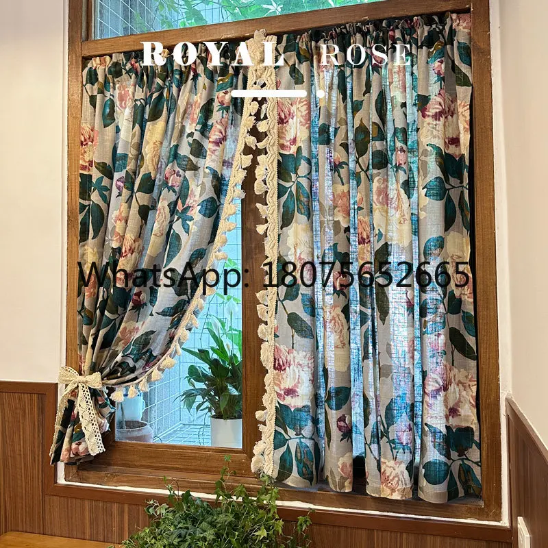Pastoral printing tassel accessible luxury style rod curtain bedroom bay window half curtain