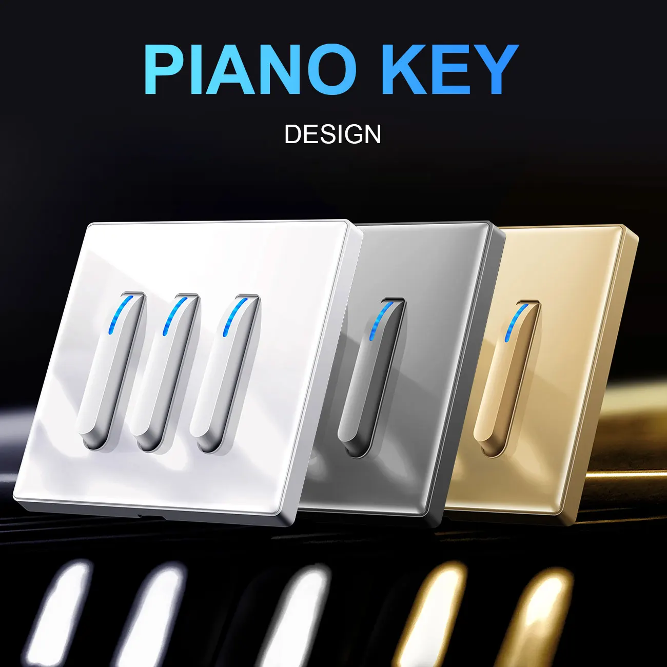 YINKA Home Wall Light Switch Panel Crystal Tempered Glass Switch Self-reset 1 Gang  2 Way LED Indicator Piano Key Wall Panel