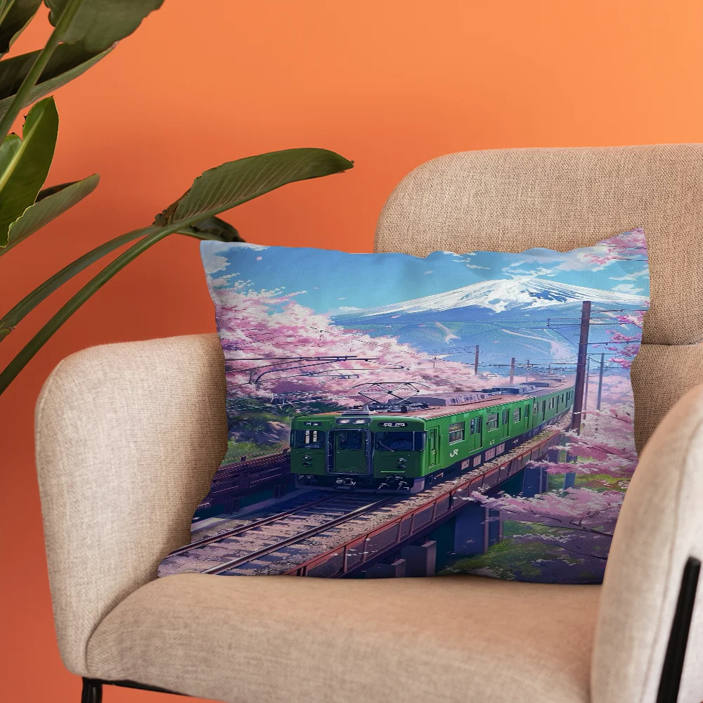 Japanese Street Scenery Sakura Architecture Cushion Cover 30x50 Polyester Sofa Cushions Decorative Throw Pillows Pillowcover