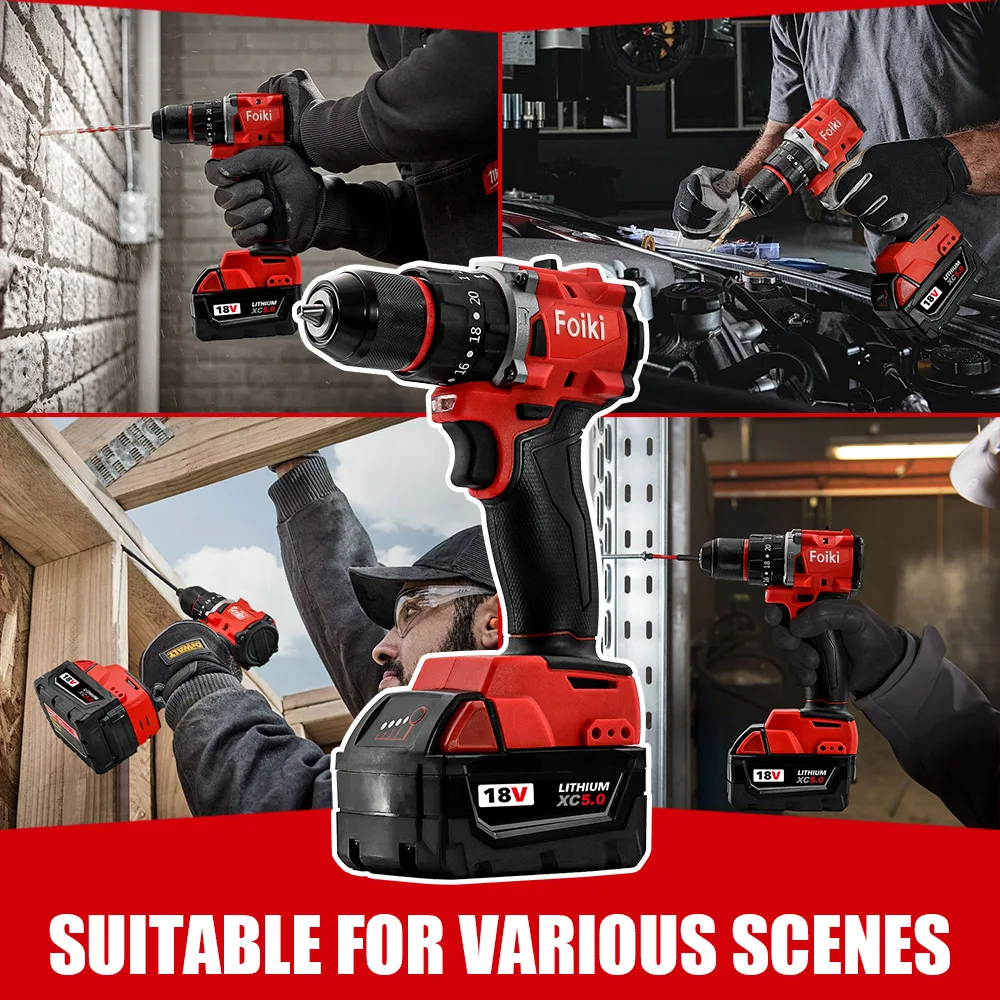Taladro de impacto sin escobillas Foiki de 18 V, velocidad ajustable de alto par de 60 N · m para decoración profesional/montaje de muebles/proyectos de bricolaje