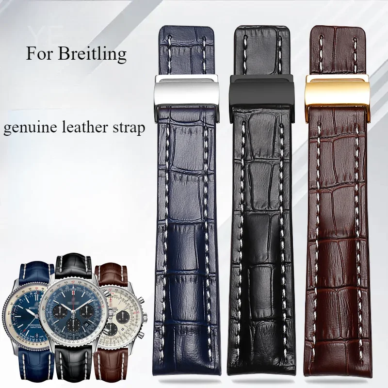 For Breitling Watch with Men's Puya Series Aviation Timing Pilot 8  Blue Wear-resisting Genuine Leather Watch Strap 22/24mm