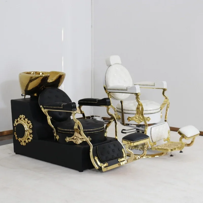 E182 New retro barber shop seated shampoo bed ceramic basin, reclining hair salon