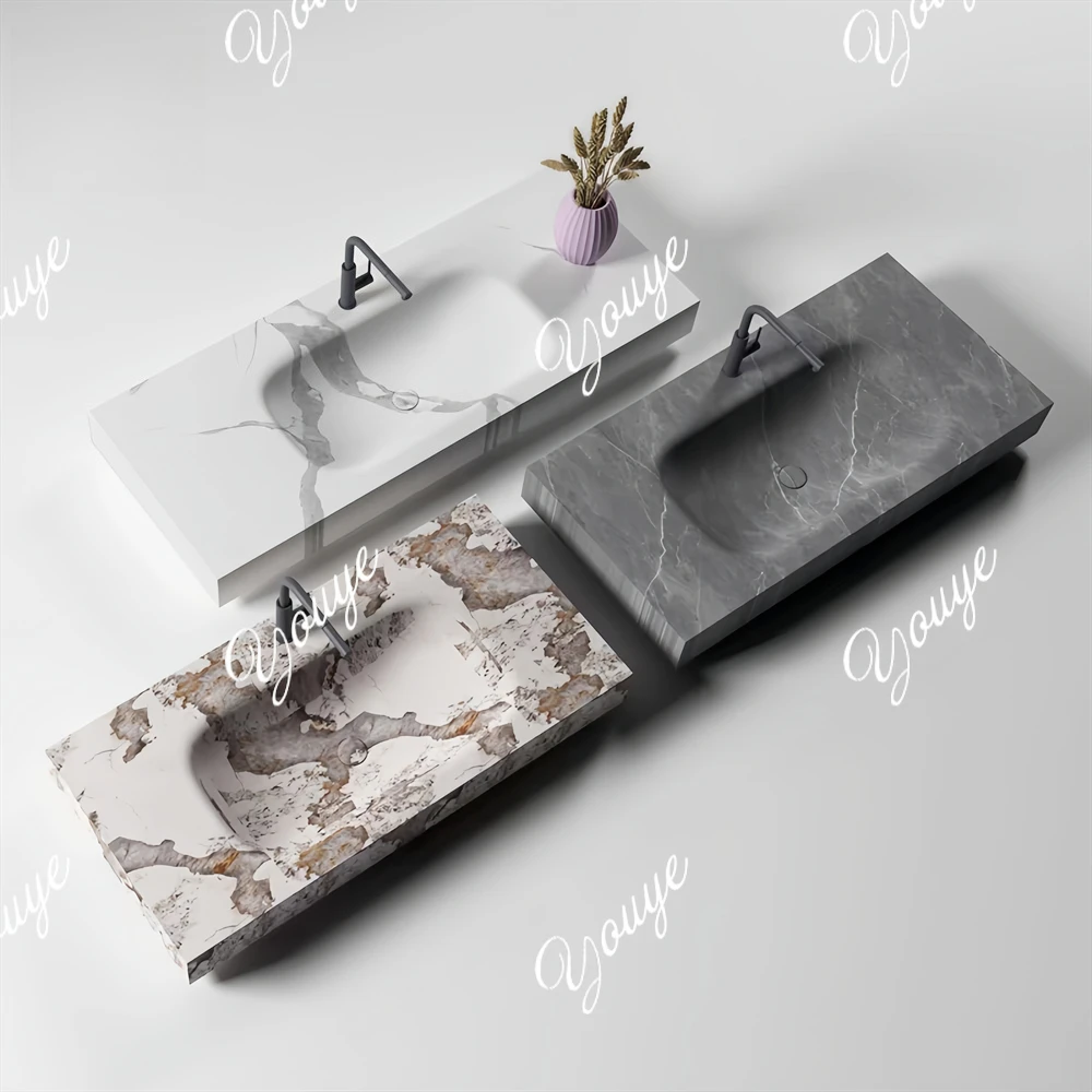 

Fish Belly White Gray Hot-pressed Rock Slab Integrated Seamless Hand Washing Basin Washbasin Under The Counter Basin Bathroom Ca