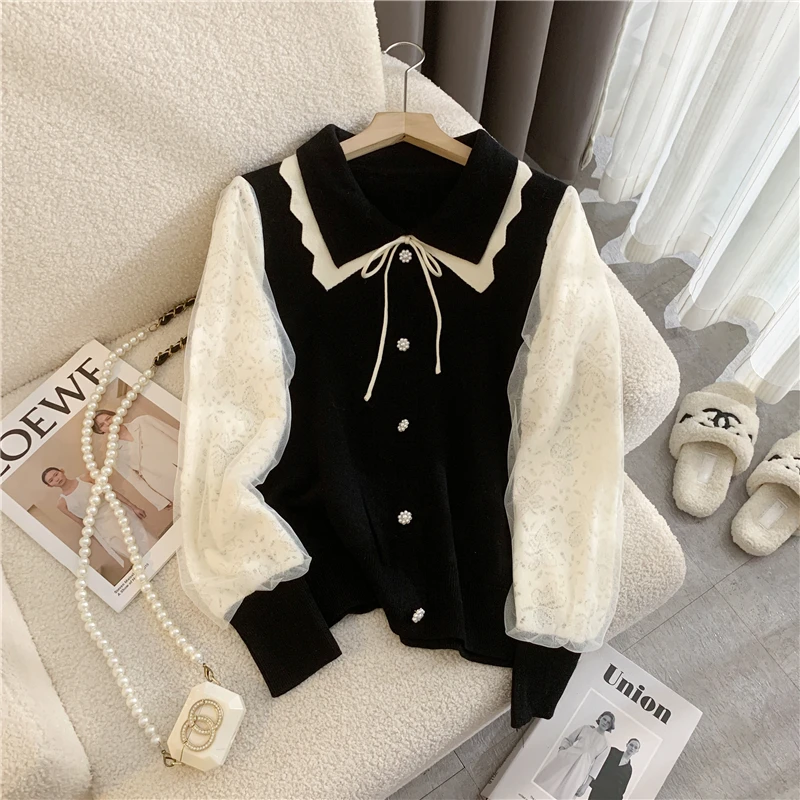 High-grade button bottoming shirt retro knitted sweater women fashion doll collar long-sleeved patchwork female bow pullover