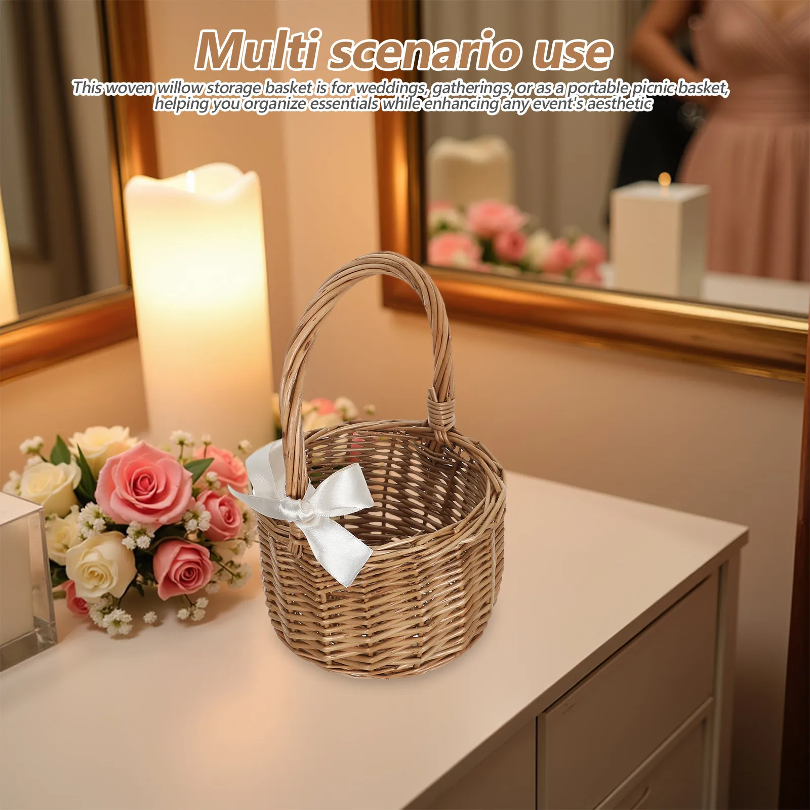 Flower Basket With Handle For For Picnic Wedding Handwoven Willow Rattan Round Shape Vintage Weddings Gatherings