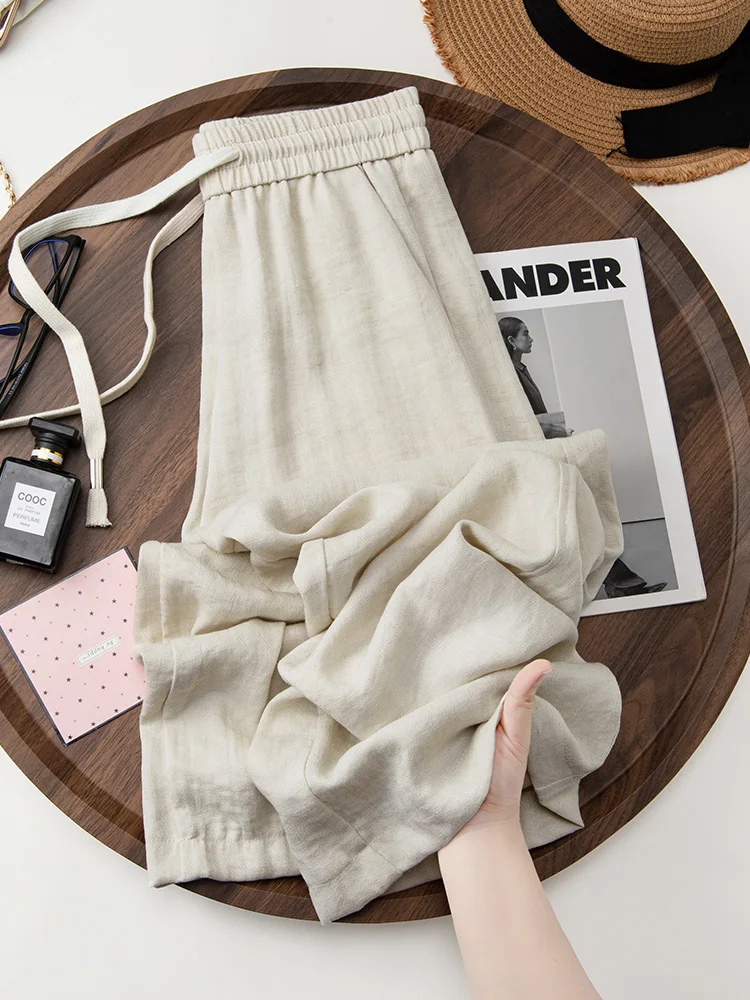 

High Waist Loose Fit Wide Leg Pants Women's Summer Thin Cotton Linen Narrow Version Drapey Casual Straight Cut Trousers