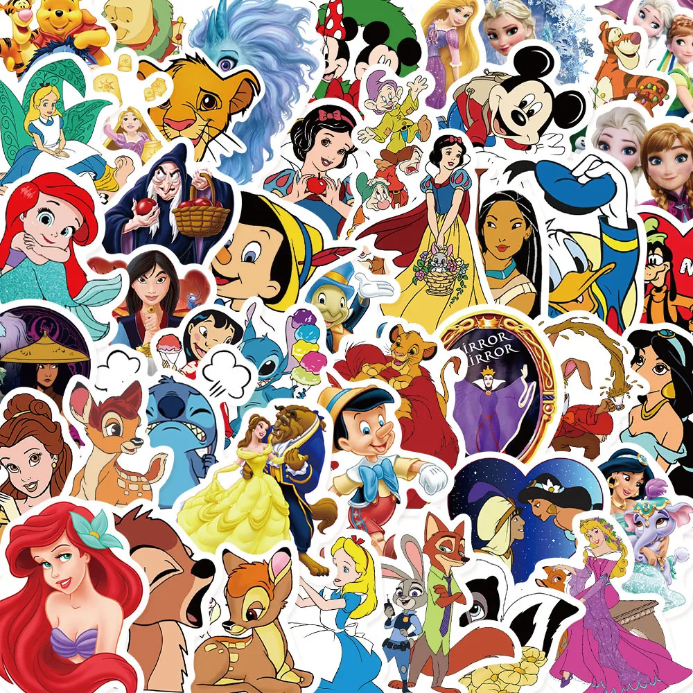 10/50/100Pcs Mix Disney Character Stickers Mickey Mouse Winnie Princess Anime Stickers Suitcase Laptop Car Graffiti Skateboard