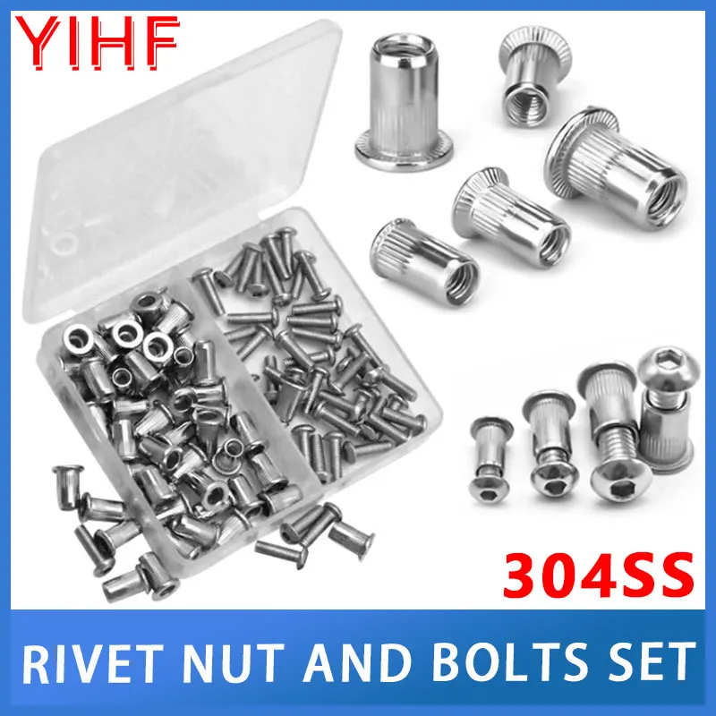 8-32 10-24 1/4 5/16-18 304 Stainless Steel Pop Rivnut Metric Threaded Insert Nutsert Flat Head Rivet Nut with Bolt Screw Box Kit