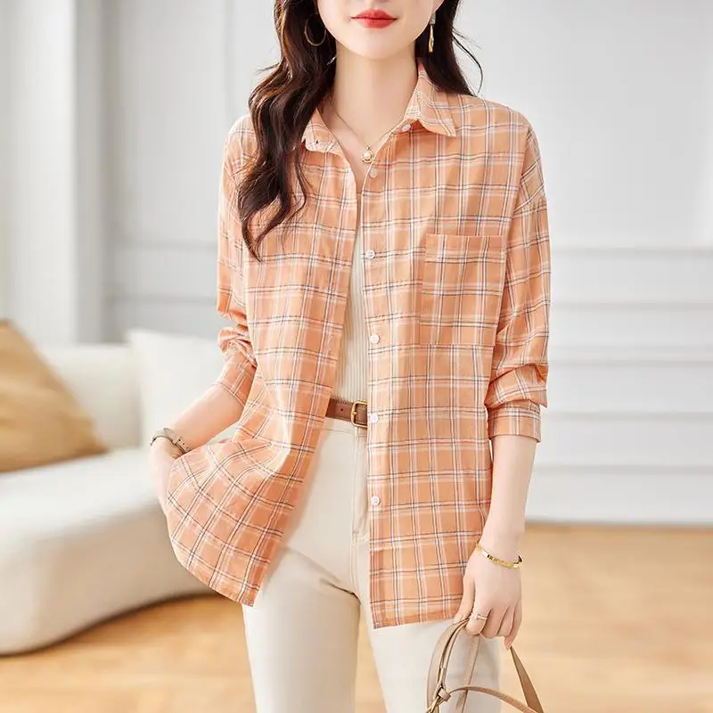 Cotton Thin Plaid Long-sleeved Button Shirt Women Summer Loose Design Niche Top Sun Protection Clothing Retro Blouses Shirt