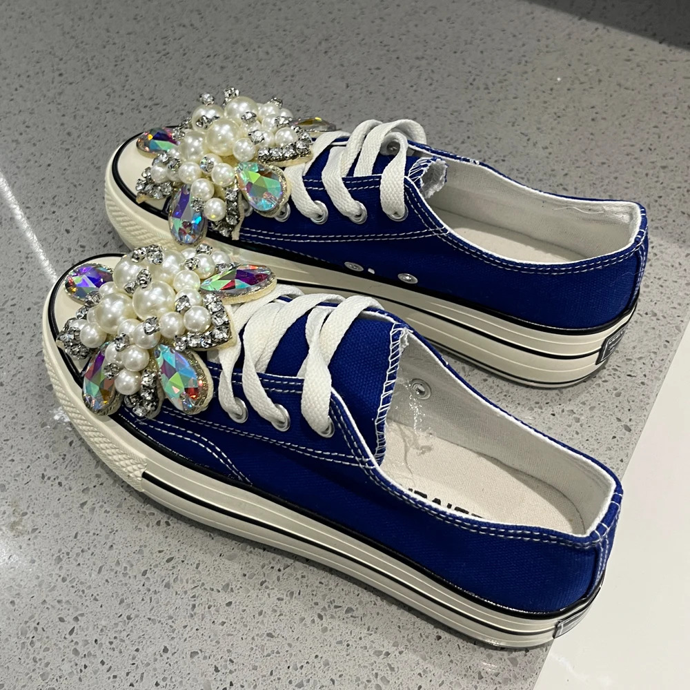 4cm Platform Women Canvas Shoes Big Crystal Flowers