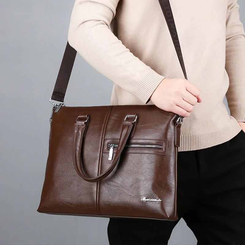 Luxe Pu Lederen Heren Rits Aktetas Vintage Handtas Zakelijke Schouder Messenger Tas Grote Capaciteit Mannelijke Laptop Tas