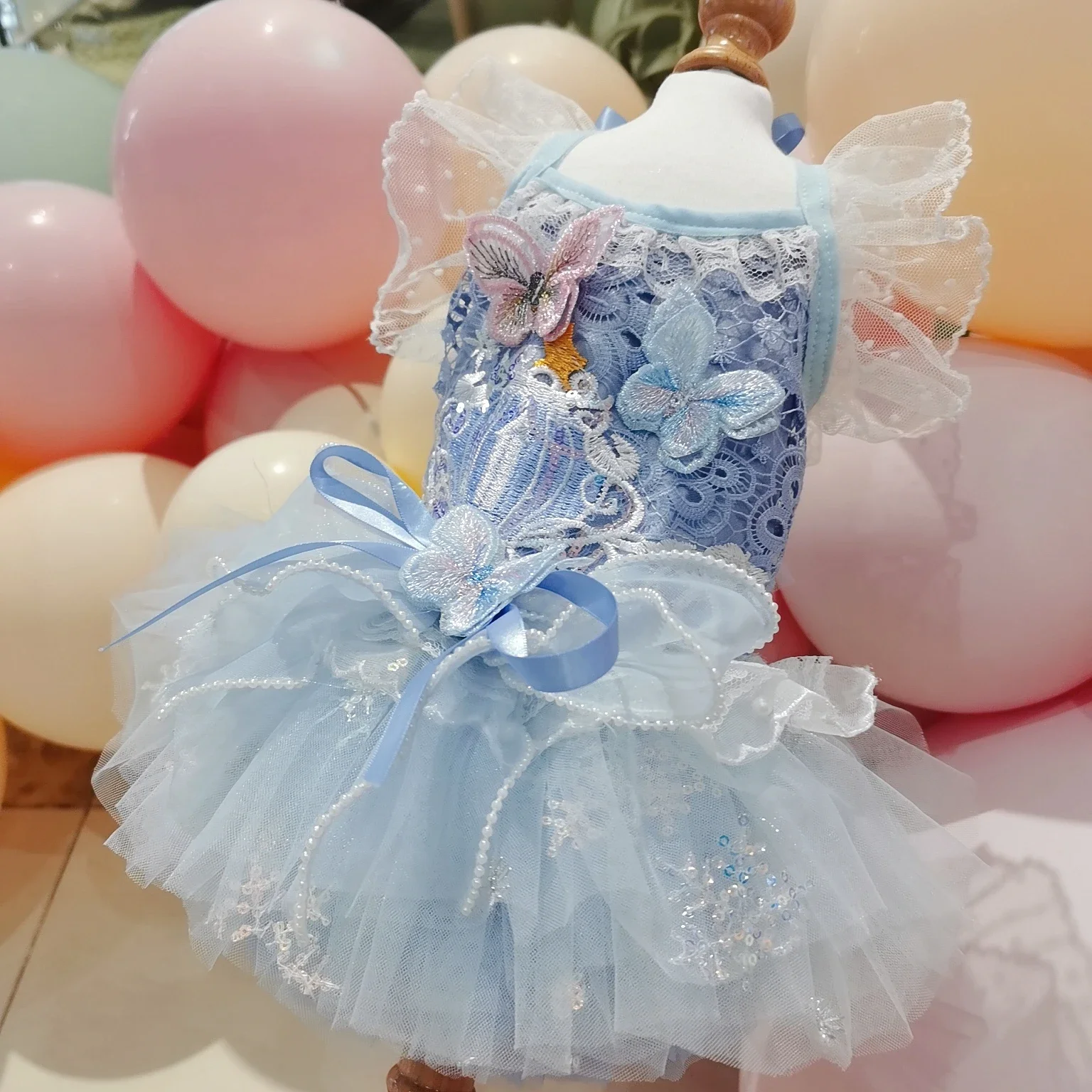 2025 Spring New Light Blue Pet Dog Clothes Fashion Luxury Butterfly Embroidery Lace Princess Dress For Small Medium Dog Poodle