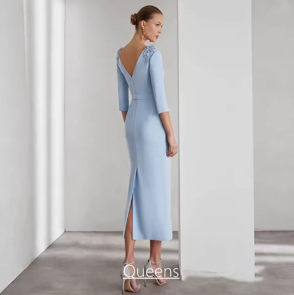 Vestido azul pálido para madre de la novia, personalizado, cuello redondo, apliques de cuentas, longitud del té, vestido de invitados de boda, vestidos de fiesta