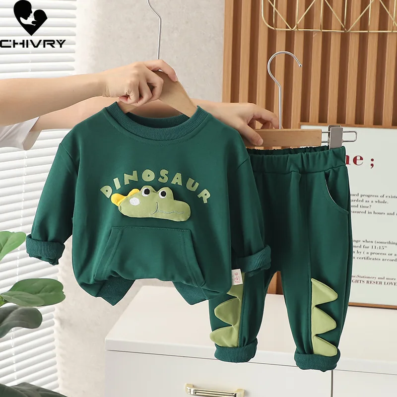 New 2023 Baby Boys Spring Autumn Fashion Cartoon Dinosaur Letter Round Neck Sweatshirt Tops with Pants Kids Casual Clothing Sets