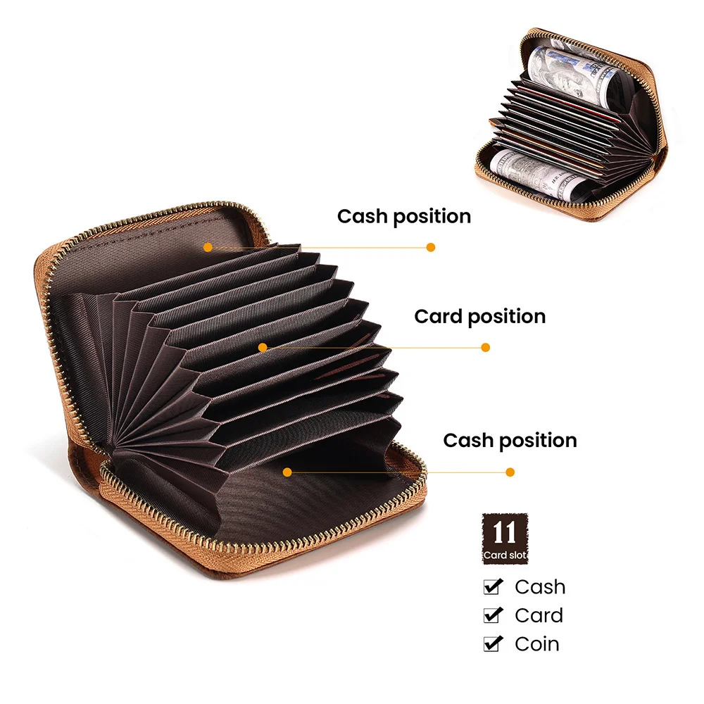 Porte-cartes de crédit en cuir véritable pour homme, portefeuille à fermeture éclair avec 11 emplacements, sac de blocage RFID pour homme d'affaires décontracté